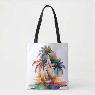 Colourful Tropical Palm Sailboat Tote Bag