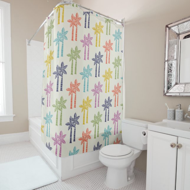 Colourful Tropical Palm Tree Pattern Shower Curtain (In Situ)