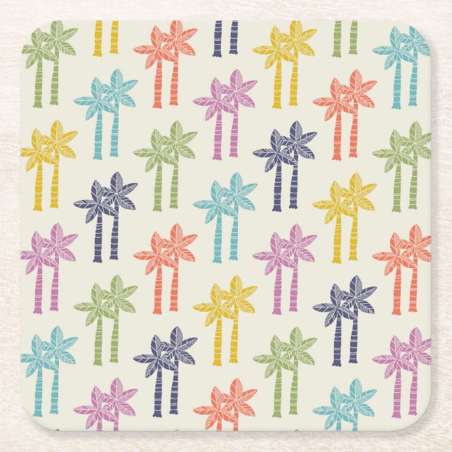 Colourful Tropical Palm Tree Pattern Square Paper Coaster (Front)