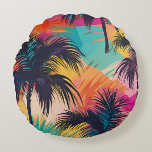 Colourful Tropical Palm Trees Art Round Cushion