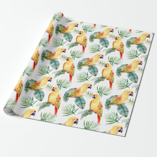 Colourful Tropical Parrot Pattern Wrapping Paper (Unrolled)