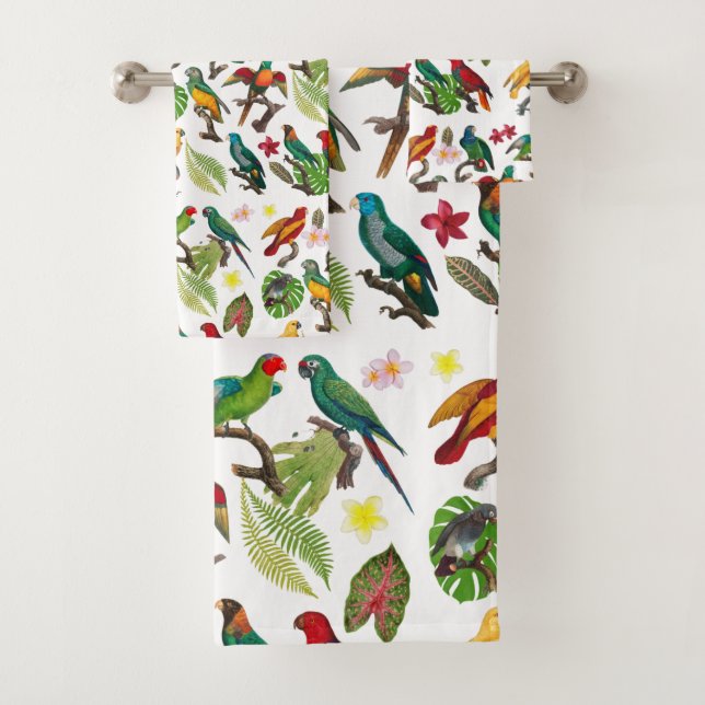 Colourful Tropical Parrots, Leaves & Flowers   Bath Towel Set (Insitu)