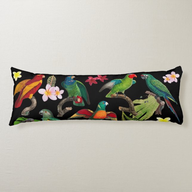 Colourful Tropical Parrots, Leaves & Flowers Body Cushion (Front)