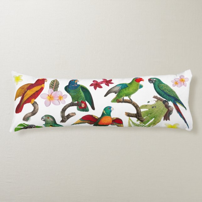 Colourful Tropical Parrots, Leaves & Flowers  Body Cushion (Front)