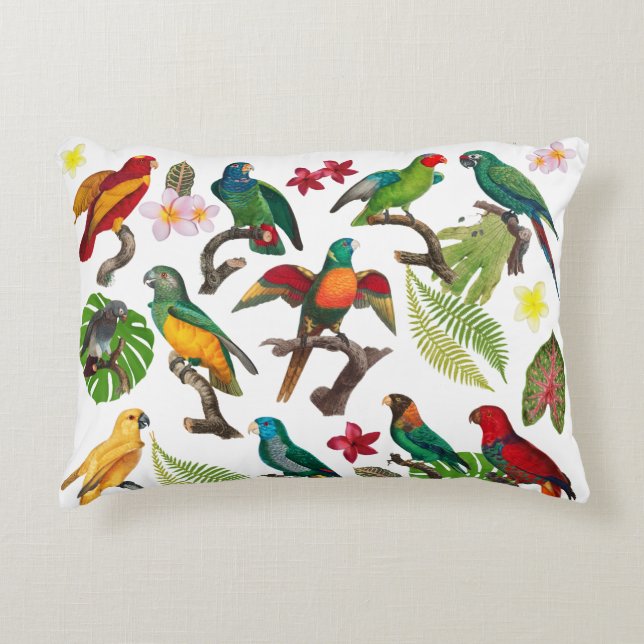 Colourful Tropical Parrots, Leaves & Flowers  Decorative Cushion (Front)