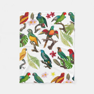 Colourful Tropical Parrots, Leaves & Flowers Fleece Blanket
