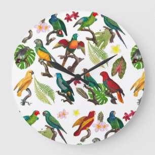 Colourful Tropical Parrots, Leaves & Flowers Large Clock