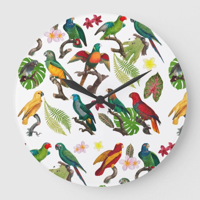 Colourful Tropical Parrots, Leaves & Flowers Large Clock (Front)