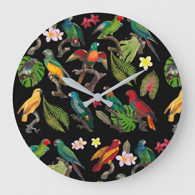 Colourful Tropical Parrots, Leaves & Flowers  Large Clock (Front)
