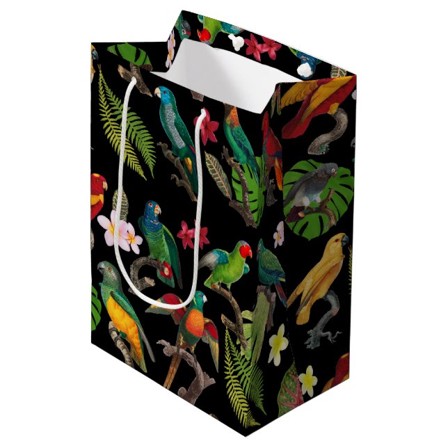 Colourful Tropical Parrots, Leaves & Flowers Medium Gift Bag (Front Angled)