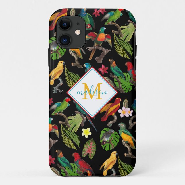 Colourful Tropical Parrots Leaves, Flowers Monogra Case-Mate iPhone Case (Back)