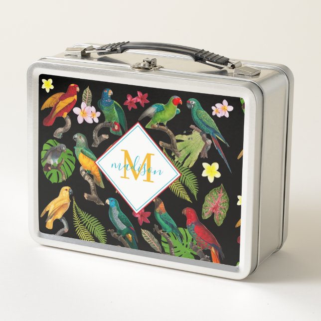 Colourful Tropical Parrots Leaves, Flowers Monogra Metal Lunch Box (Front)