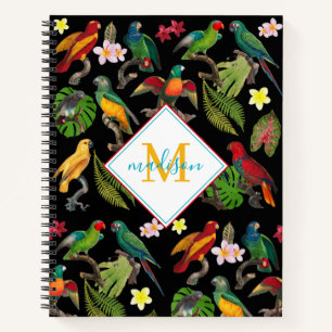 Colourful Tropical Parrots Leaves, Flowers Monogra Notebook