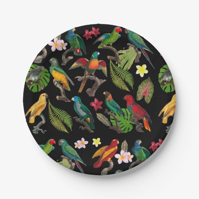 Colourful Tropical Parrots, Leaves & Flowers Paper Plate (Front)