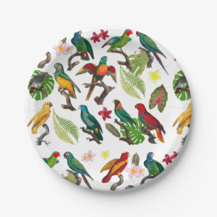 Colourful Tropical Parrots, Leaves & Flowers Paper Plate