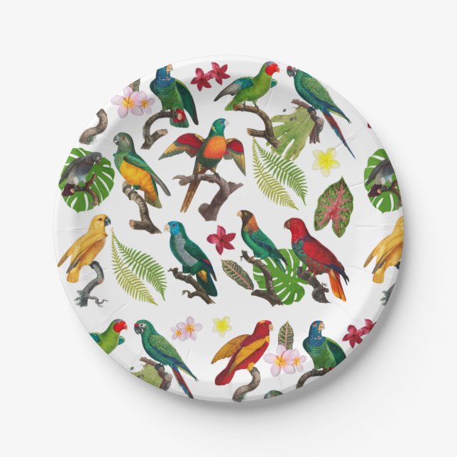 Colourful Tropical Parrots, Leaves & Flowers Paper Plate (Front)