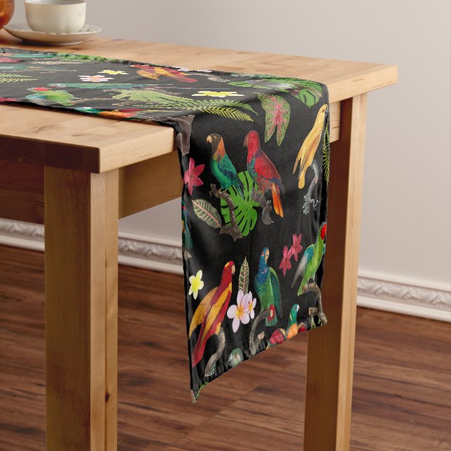 Colourful Tropical Parrots, Leaves & Flowers   Short Table Runner (In Situ)