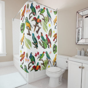 Colourful Tropical Parrots, Leaves & Flowers  Shower Curtain