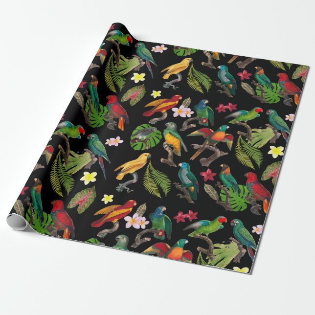 Colourful Tropical Parrots, Leaves & Flowers  Wrapping Paper (Unrolled)