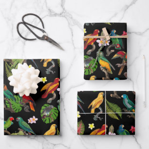 Colourful Tropical Parrots, Leaves & Flowers Wrapping Paper Sheet
