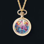 Colourful Tropical Pink Flamingo Elegant Womans Watch<br><div class="desc">Colourful Tropical Pink Flamingo Elegant Womans Watches features a colourful tropical paradise with a pink flamingo surrounded by tropical flowers. Created by Evco Studio www.zazzle.com/store/evcostudio</div>