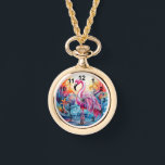Colourful Tropical Pink Flamingo Elegant Womans Watch<br><div class="desc">Colourful Tropical Pink Flamingo Elegant Womans Watches features a colourful tropical paradise with a pink flamingo surrounded by tropical flowers. Created by Evco Studio www.zazzle.com/store/evcostudio</div>