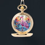 Colourful Tropical Pink Flamingo Elegant Womans Watch<br><div class="desc">Colourful Tropical Pink Flamingo Elegant Womans Watches features a colourful tropical paradise with a pink flamingo surrounded by tropical flowers. Created by Evco Studio www.zazzle.com/store/evcostudio</div>