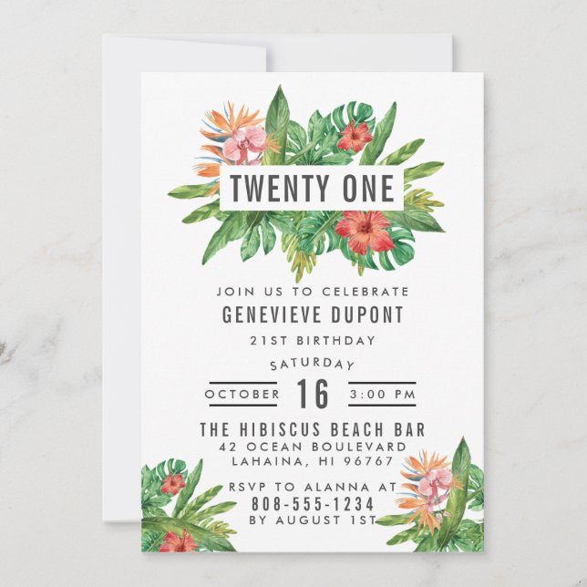 Colourful Tropical Plants Twenty One Birthday Part Invitation (Front)