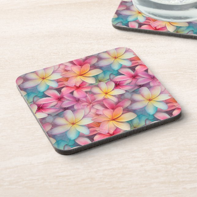 Colourful Tropical Plumeria Frangipani Patterned Coaster (Left Side)