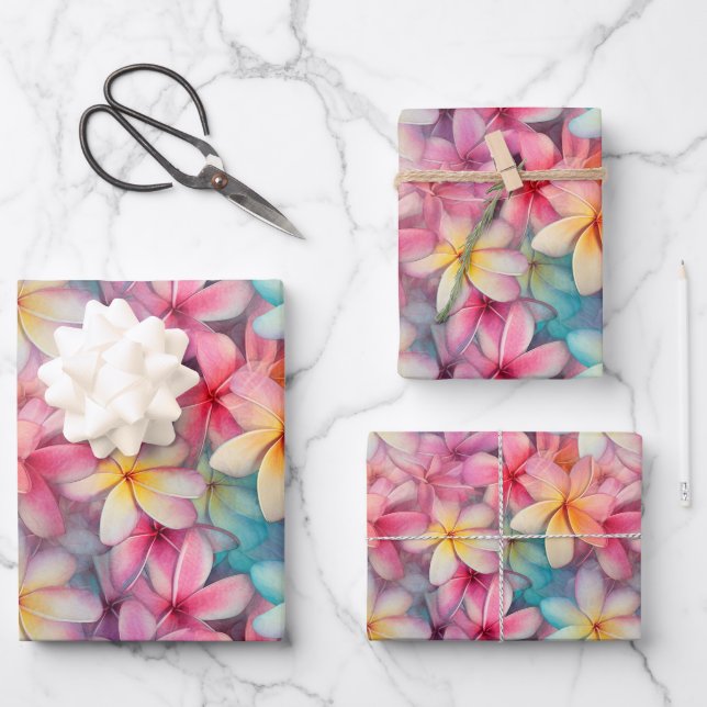 Colourful Tropical Plumeria Frangipani Wrapping Paper Sheet (Front)