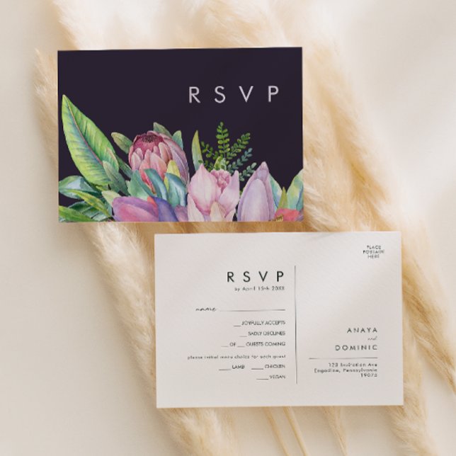 Colourful Tropical | Purple Menu Choice RSVP Card (Creator Uploaded)