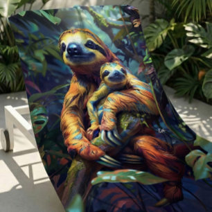 Colourful Tropical Sloth & Baby Beach Towel