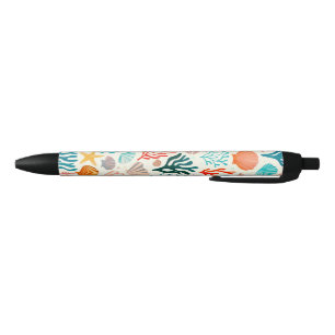 Colourful Tropical Summer Coral Seashell Black Ink Pen