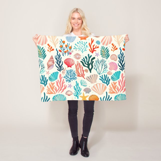 Colourful Tropical Summer Coral Seashell Fleece Blanket (In Situ)