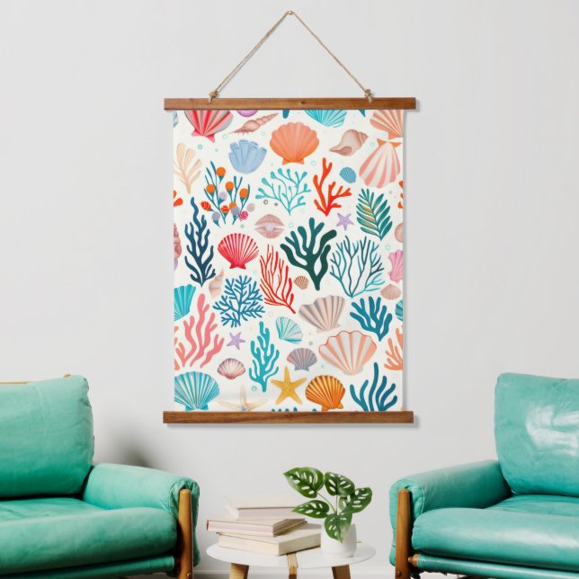 Colourful Tropical Summer Coral Seashell Hanging Tapestry (Living Room)