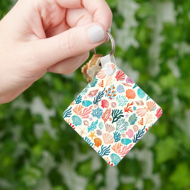 Colourful Tropical Summer Coral Seashell Key Ring (Hand)