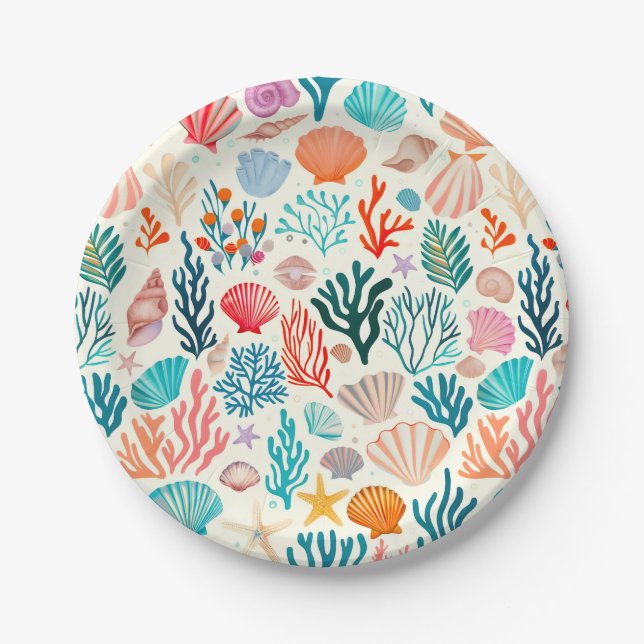 Colourful Tropical Summer Coral Seashell Paper Plate (Front)