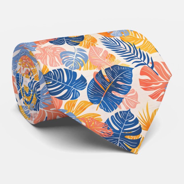 Colourful tropical tiled leaf pattern  tie (Rolled)