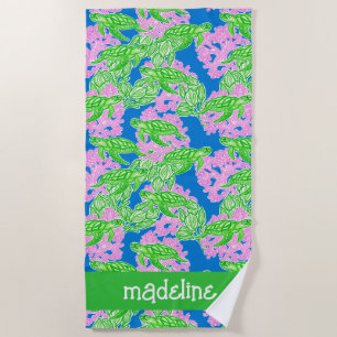Colourful Tropical Turtles Pattern Personalised Beach Towel