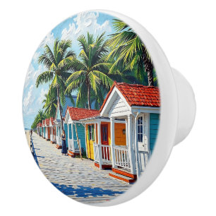 Colourful Tropical Vibrant Beach Huts Ceramic Knob