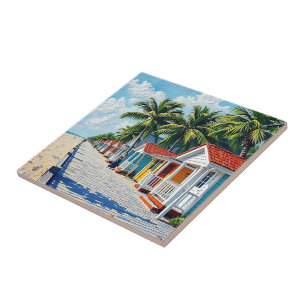 Colourful Tropical Vibrant Beach Huts Ceramic Tile