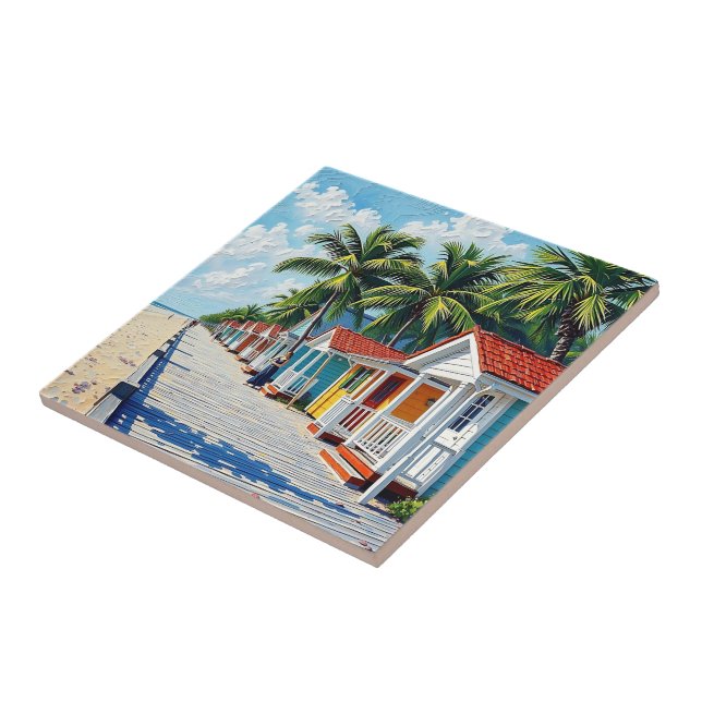 Colourful Tropical Vibrant Beach Huts Ceramic Tile (Side)