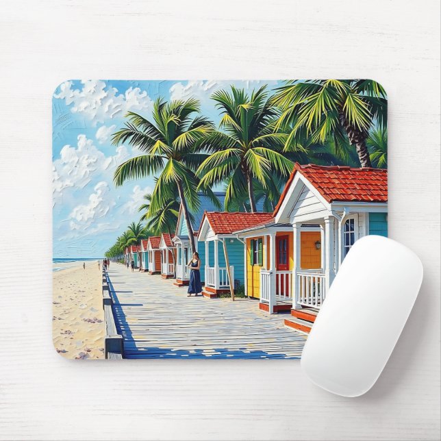 Colourful Tropical Vibrant Beach Huts Mouse Pad (With Mouse)