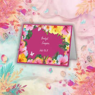 colourful tropical wedding guest name seating card