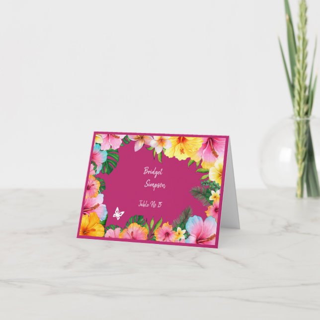 colourful tropical wedding guest name seating card (Front)