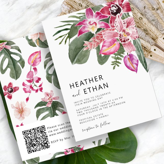 Colourful Tropical Wedding Invitation (Colorful Tropical Watercolor Floral Wedding Invitation QR Code by Painted Paperie
)