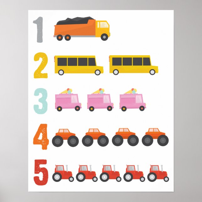 Colourful Trucks Number Nursery Art Poster (Front)