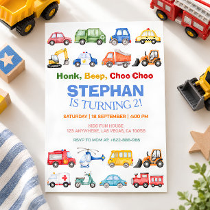 Colourful Trucks & Vehicles Birthday Invitation