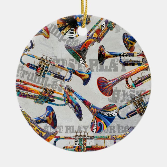 Colourful Trumpet Ornament, Trumpet Xmas Juleez Ceramic Ornament (Front)