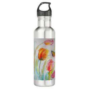 Colourful Tulip and Butterfly Watercolor floral 710 Ml Water Bottle